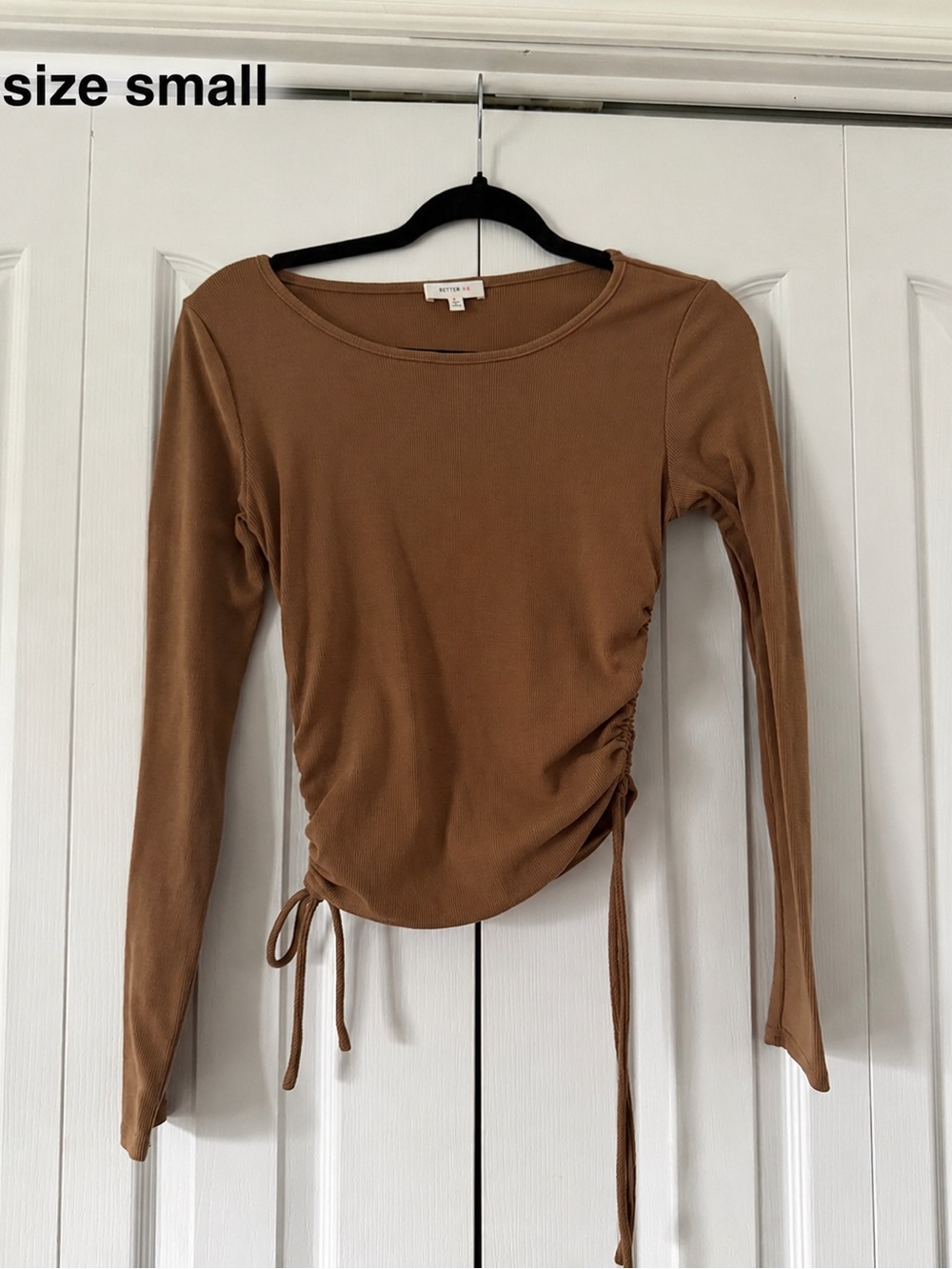 Ruched Drawstring Long-Sleeve Top - Brown